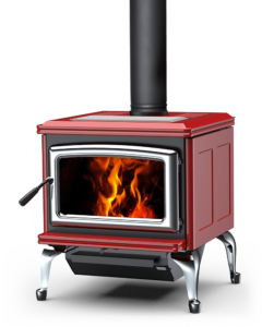 Summit Classic LE wood stove with Sunset Red porcelain enamel cladding, nickel doors and nickel legs