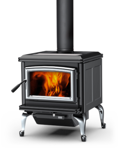 Super Classic LE wood stove with nickel door and nickel legs